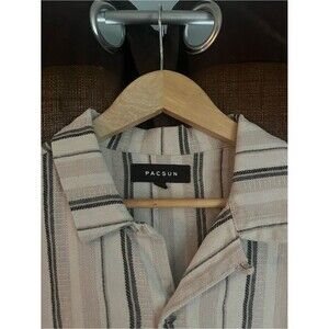 PacSun Cream and Black Striped Short Sleeve Button-Down Shirt